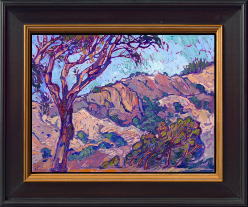 Driving north along Highway 1 from Cambria, on the way to Hearst Castle, you see some of the most beautiful scenery along the Pacific Coast. I have always been drawn to the romantic shapes and multi-colored bark of the eucalyptus tree, and the way these trees were framed by the summer-colored hills beyond made me pull my van around and circle back so I could get some reference shots to paint.