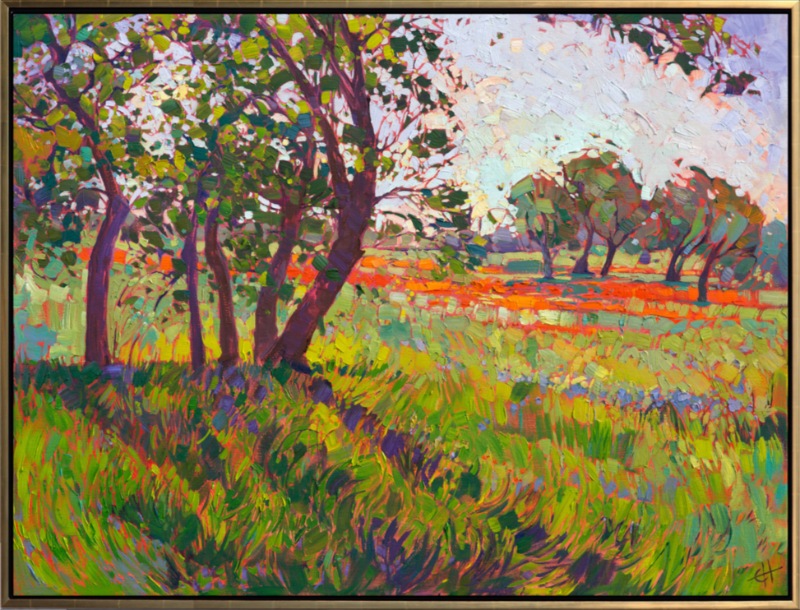 Scarlet wildflowers and bluebonnets dance among the high summer grasses in this painting of Texas hill country.  The brush strokes capture the motion of this breezy spring day, commemorating a beautiful moment in time.</p><p>This painting is being sold on consignment.</p><p>"Hill Country Color" was created on 1-1/2" canvas, with the painting continued around the edges of the canvas. The piece is presented in a 23kt gold floater frame.