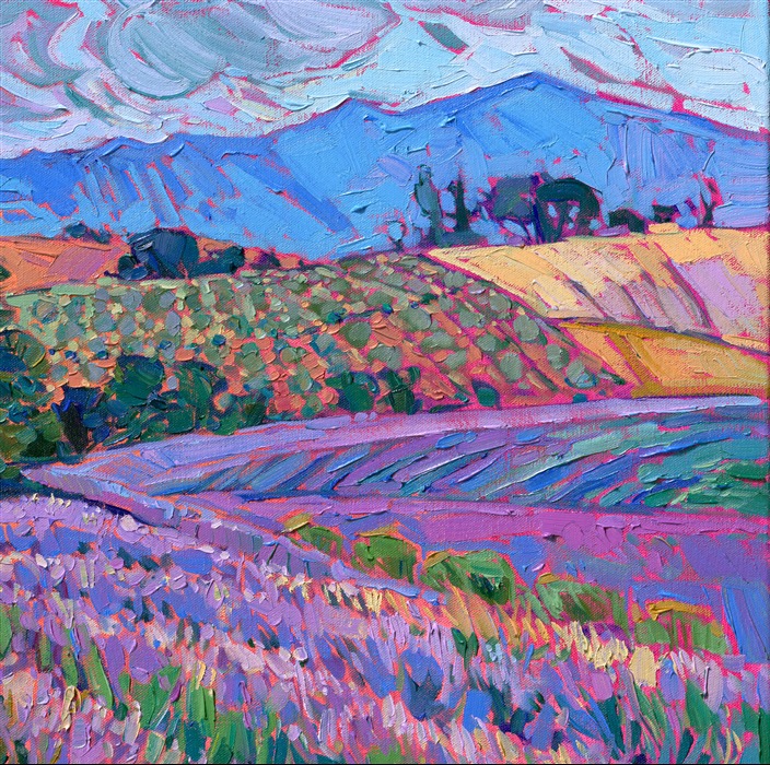 When I visited France to visit the locales the impressionists had painted, I had to stop by Provence to see if the lavender fields there were as beautiful as I had heard. When I drove up onto the high and windy plateaus of Provence, with the Swiss Alps far in the distance, I was immediately captivated by the rolling plains of purple lavender rows. This painting captures the feeling of being in Provence, surrounded by beauty in every direction.