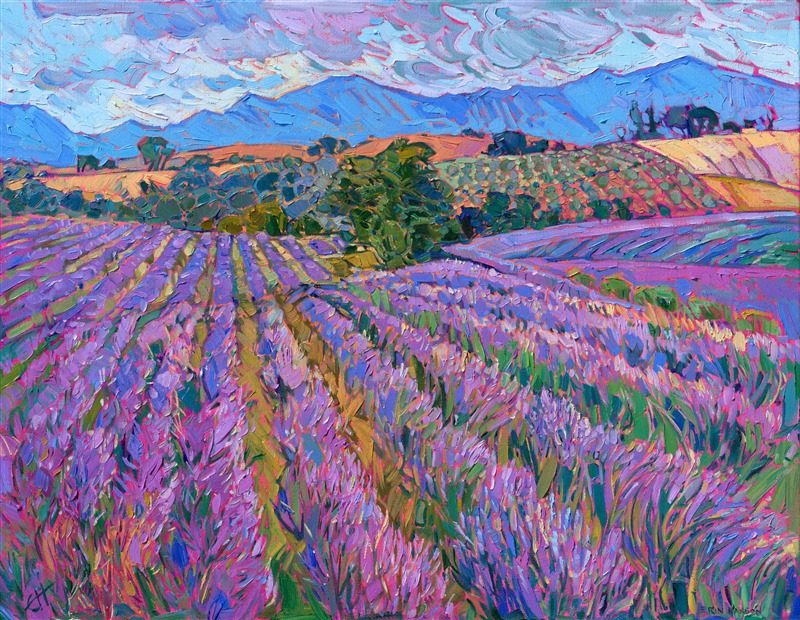 When I visited France to visit the locales the impressionists had painted, I had to stop by Provence to see if the lavender fields there were as beautiful as I had heard. When I drove up onto the high and windy plateaus of Provence, with the Swiss Alps far in the distance, I was immediately captivated by the rolling plains of purple lavender rows. This painting captures the feeling of being in Provence, surrounded by beauty in every direction.