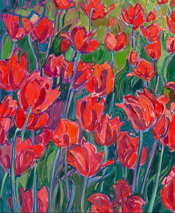 This painting was inspired by the Woodburn Tulip Festival in Oregon's Willamette Valley. The sky was clear and blue, and you could see all the way to Mt. Hood in the distance. Bright, beautiful layers of color filled my senses everywhere I looked. I used thick, expressive brushstrokes of oil paint to capture the scene's vibrant vivacity.</p><p>My style is called Open Impressionism. Using only five colors to create a limited palette (which prevents colors from getting muddy), I lay my strokes side by side, without layering. This keeps the brushstrokes fresh and alive, and very definitely a painting. You can visit <a href="https://www.erinhanson.com/gallery">my gallery</a> in McMinnville, Oregon, to see my work in person.