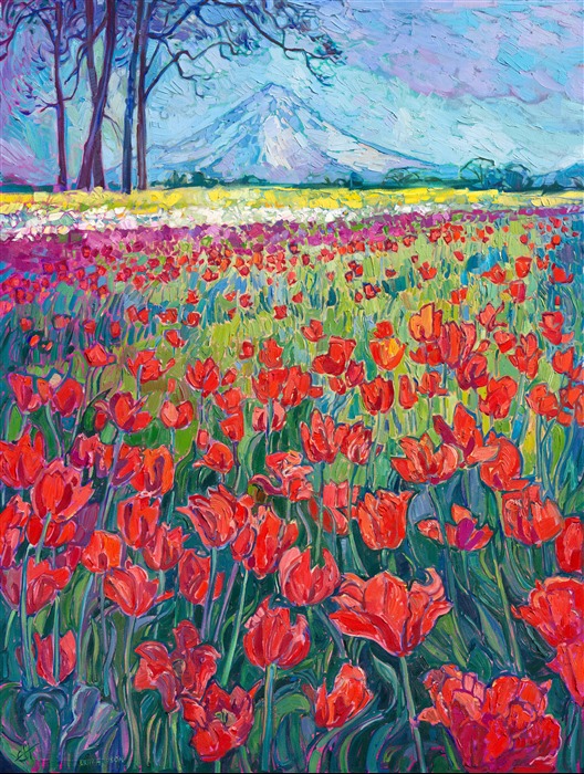 This painting was inspired by the Woodburn Tulip Festival in Oregon's Willamette Valley. The sky was clear and blue, and you could see all the way to Mt. Hood in the distance. Bright, beautiful layers of color filled my senses everywhere I looked. I used thick, expressive brushstrokes of oil paint to capture the scene's vibrant vivacity.

My style is called Open Impressionism. Using only five colors to create a limited palette (which prevents colors from getting muddy), I lay my strokes side by side, without layering. This keeps the brushstrokes fresh and alive, and very definitely a painting. You can visit <a href="https://www.erinhanson.com/gallery">my gallery</a> in McMinnville, Oregon, to see my work in person.