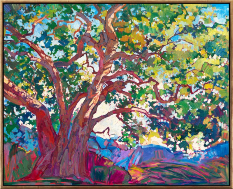 Winding branches of an ancient live oak tree catch the light, it's branches sparkling in hues of green. Thick, impressionistic brush strokes create a mosaic of color across the canvas.</p><p>Please note: This piece is included in the show <I>Erin Hanson: Color on the Vine </I>at the Bone Creek Museum of Agrarian Art in Nebraska. 2023.</p><p>"House Oak" was created on 1-1/2" canvas.
