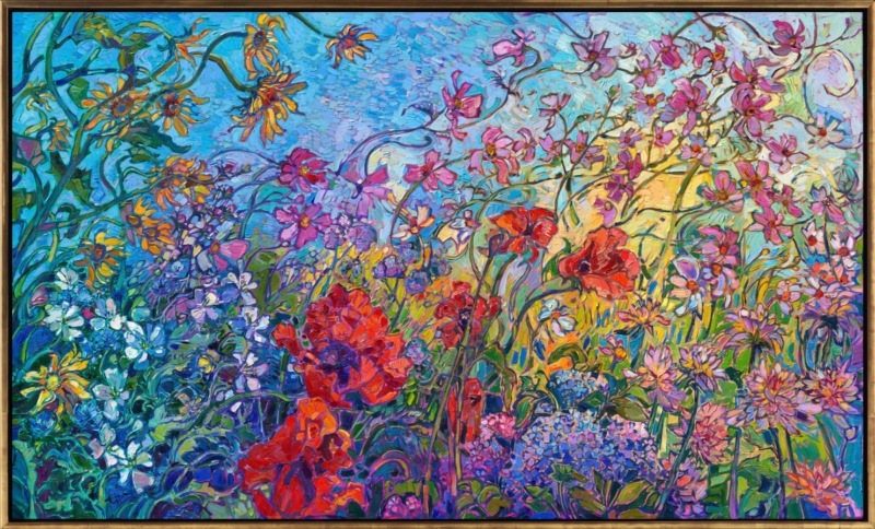 A wild flurry of garden flowers tumbles across the canvas, captured in time by the artist's brush. Impasto strokes of oil paint add texture and movement to the piece, while contrasting colors of blooms ignite the imagination and stir emotions. 
