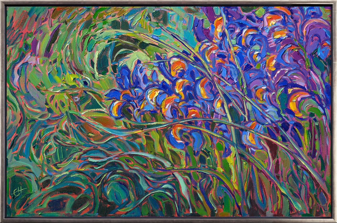 Purple irises will forever be a symbol of "love" to me, since my fiancé proposed to me in front of my favorite van Gogh iris painting in Amsterdam. This painting captures a cluster of irises I found growing in Napa Valley earlier this year. The thick brushstrokes of oil paint capture the beautiful colors of blue and purple against a field of green.
