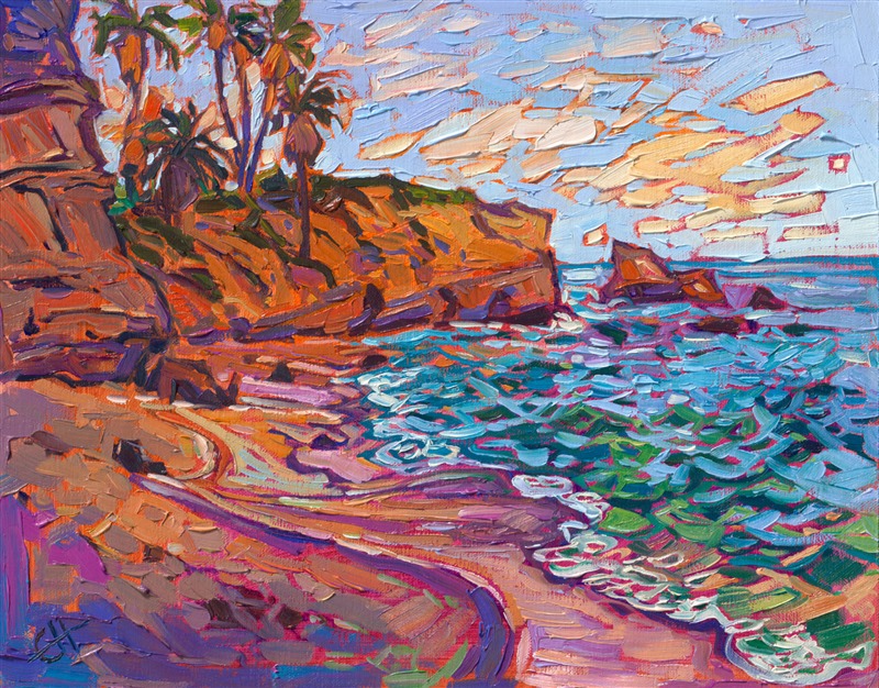 La Jolla Cove is one of the prettiest little beaches in southern California. Nestled at the outskirts of San Diego, the Cove is a great place to catch a sunrise and go for a stroll. This petite painting captures the colors and movement of the Pacific Coast.