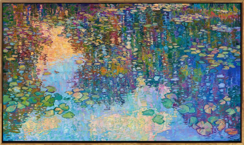 Claude Monet's water lily garden is synonymous with "impressionism" for many art lovers. Monet's water lily pond continues to inspire large-scale impressionist paintings to the present day. This painting, "Lilies Dreaming," was created by Open Impressionist Erin Hanson, who is carrying forward the tradition of the impressionists with a modern-day twist. In her paintings, she does not overlap her brushstrokes of oil paint; instead, she places her strokes side by side, getting each stroke "right the first time" and allowing the natural texture and movement of the oil paint to express itself in her works.