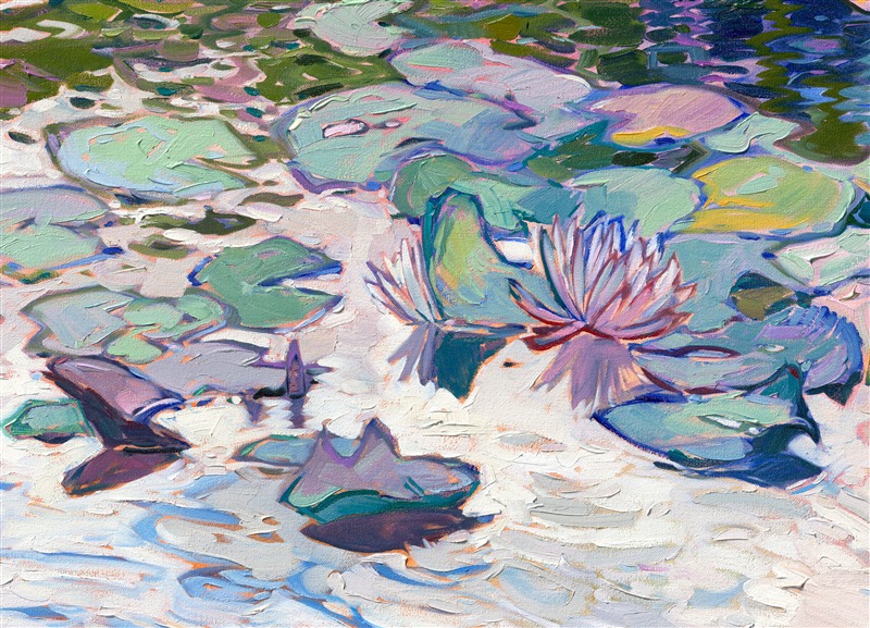 Monet's water lily garden in Giverny is an ever-changing and ever-renewing source of inspiration for me. In this painting, I wanted to capture the feeling of water lilies floating on the surface of a still pond, filled with reflections of the clouds. I applied thick brushstrokes of oil paint laid side by side without layering to capture the sense of movement and texture in the scene.