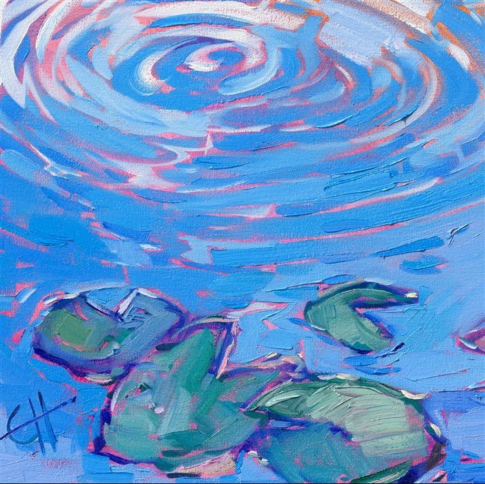 Monet's water lily garden in Giverny is an ever-changing and ever-renewing source of inspiration for me. In this painting, I wanted to capture the feeling of water lilies floating on the surface of a still pond, filled with reflections of the clouds. I applied thick brushstrokes of oil paint laid side by side without layering to capture the sense of movement and texture in the scene.