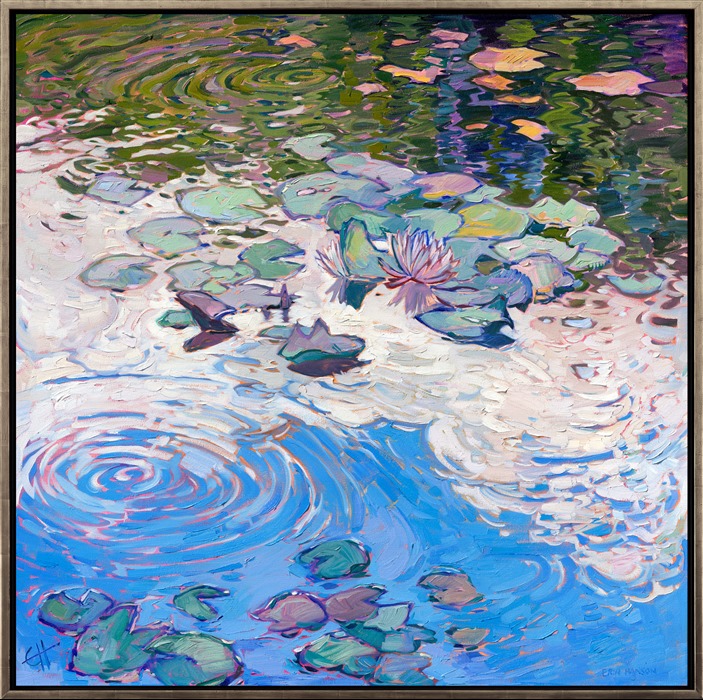 Monet's water lily garden in Giverny is an ever-changing and ever-renewing source of inspiration for me. In this painting, I wanted to capture the feeling of water lilies floating on the surface of a still pond, filled with reflections of the clouds. I applied thick brushstrokes of oil paint laid side by side without layering to capture the sense of movement and texture in the scene.