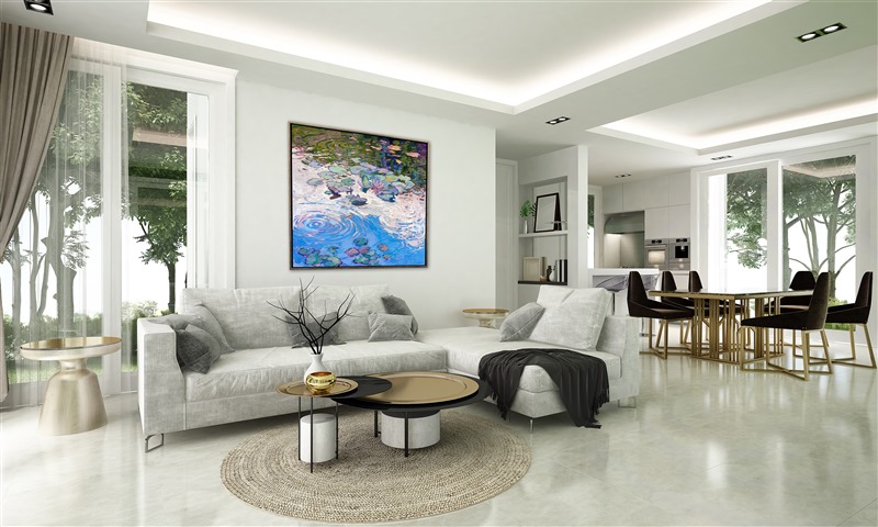 Monet's water lily garden in Giverny is an ever-changing and ever-renewing source of inspiration for me. In this painting, I wanted to capture the feeling of water lilies floating on the surface of a still pond, filled with reflections of the clouds. I applied thick brushstrokes of oil paint laid side by side without layering to capture the sense of movement and texture in the scene.