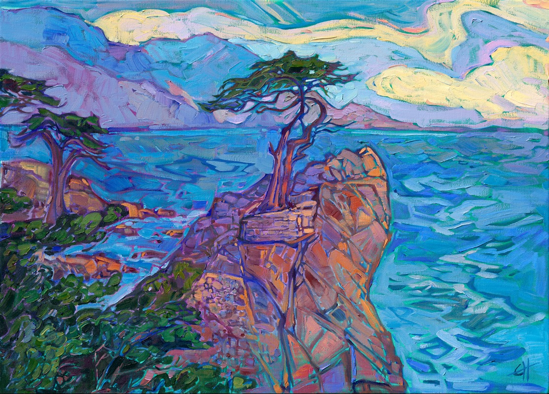 Wide brushstrokes of oil paint capture the aquamarine blue hues of Pebble Beach's Lone Cypress. This beautifully graceful tree stands alone atop a rocky outcropping that turns dusky rose in the fading golden hour light. The colors in this painting are almost buttery and edible.