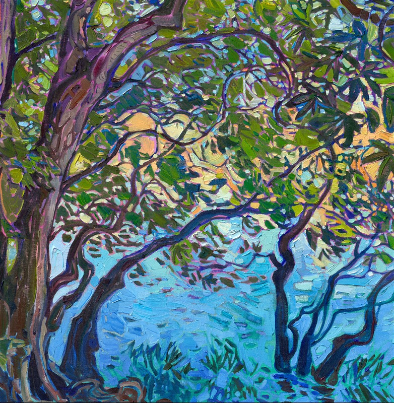 I went to the San Juan Islands to search for beautiful madrone trees and Northwestern color. I found this grove of madrones growing on the waterline, and it immediately attracted my attention. I loved how the light peeked through the leaves and how the water reflections shifted from light aqua to deep ultramarine. I used thick brushstrokes of oil paint, applied without layering, to capture the light and movement of the scene.