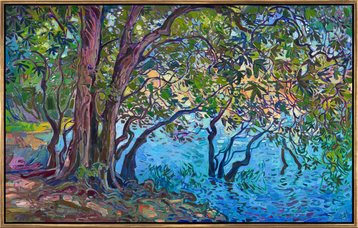 I went to the San Juan Islands to search for beautiful madrone trees and Northwestern color. I found this grove of madrones growing on the waterline, and it immediately attracted my attention. I loved how the light peeked through the leaves and how the water reflections shifted from light aqua to deep ultramarine. I used thick brushstrokes of oil paint, applied without layering, to capture the light and movement of the scene.
