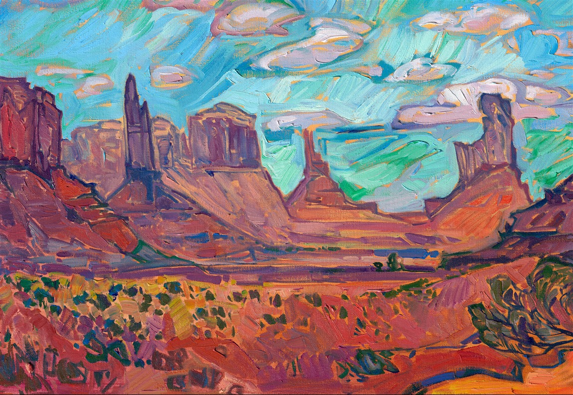 Monument Valley seems bigger than life in person. I wanted this painting to capture the wide expanse of the desert sky and the feeling of being completely immersed in the landscape. I used thick brushstrokes of oil paint laid side-by-side without overlapping to capture the movement and majesty of the scene.
