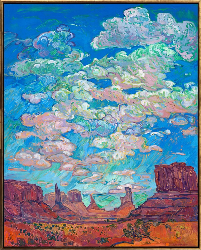 Monument Valley seems bigger than life in person. I wanted this painting to capture the wide expanse of the desert sky and the feeling of being completely immersed in the landscape. I used thick brushstrokes of oil paint laid side-by-side without overlapping to capture the movement and majesty of the scene.