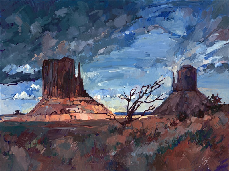 Last rays of sunlight hitting the mittens at Monument Valley. This painting captures the dramatic feeling everyone gets visiting Monument Valley. 

This early Erin Hanson work is now available for purchase (being sold on consignment.)