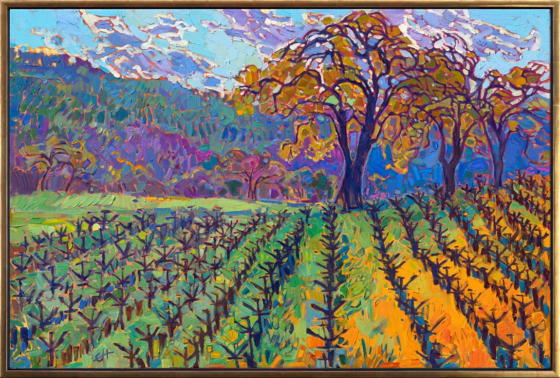 Exploring Napa Valley in the early morning always inspires me to pick up the brush. I love the quiet moments after dawn, when dew still covers the landscape and the light is pure and clean. This painting captures a vineyard scene in early spring, when the vines are just about to start sending out new shoots after the long, dormant winter. Thick brushstrokes of oil paint capture the beauty of the scene with unexpected pops of color and texture.
