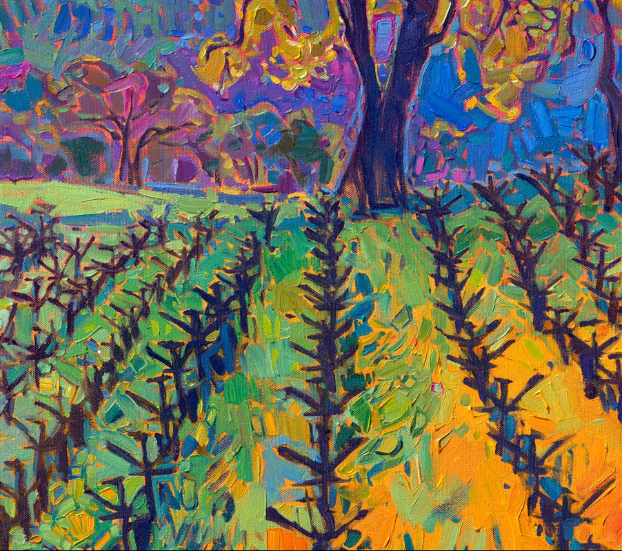 Exploring Napa Valley in the early morning always inspires me to pick up the brush. I love the quiet moments after dawn, when dew still covers the landscape and the light is pure and clean. This painting captures a vineyard scene in early spring, when the vines are just about to start sending out new shoots after the long, dormant winter. Thick brushstrokes of oil paint capture the beauty of the scene with unexpected pops of color and texture.