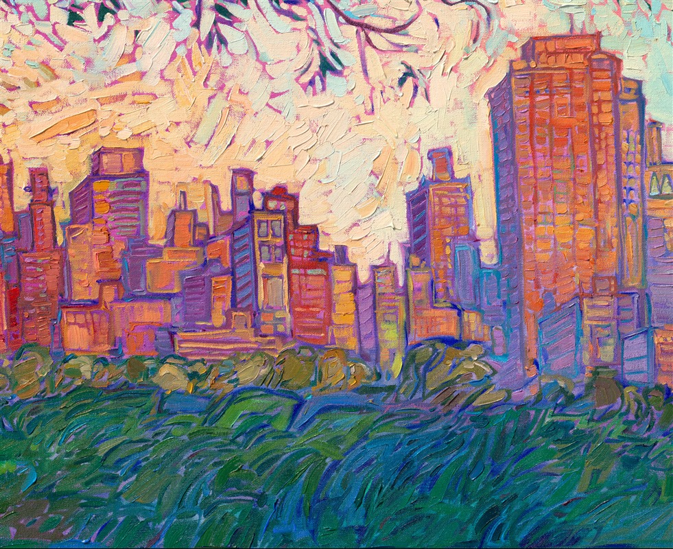 I had never been inspired to paint a cityscape--until I visited New York City in May of 2026. Flying into New York at 6 AM, I saw the city from the plane in the beautiful golden-hour light of dawn. That's when the wheels started turning. When I visited Central Park and saw another golden-hour sunset, with the city catching the light like Red Rock Canyon, I started composing paintings in my mind. When I returned home to Oregon, I painted this limited series of three cityscapes. 