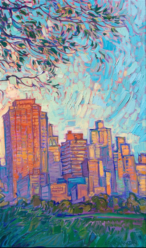 I had never been inspired to paint a cityscape--until I visited New York City in May of 2026. Flying into New York at 6 AM, I saw the city from the plane in the beautiful golden-hour light of dawn. That's when the wheels started turning. When I visited Central Park and saw another golden-hour sunset, with the city catching the light like Red Rock Canyon, I started composing paintings in my mind. When I returned home to Oregon, I painted this limited series of three cityscapes. 