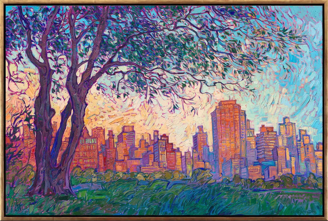 I had never been inspired to paint a cityscape--until I visited New York City in May of 2026. Flying into New York at 6 AM, I saw the city from the plane in the beautiful golden-hour light of dawn. That's when the wheels started turning. When I visited Central Park and saw another golden-hour sunset, with the city catching the light like Red Rock Canyon, I started composing paintings in my mind. When I returned home to Oregon, I painted this limited series of three cityscapes. 