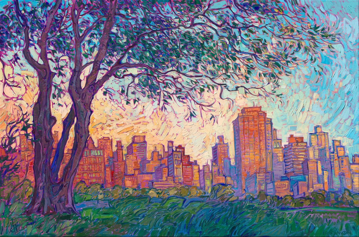 I had never been inspired to paint a cityscape--until I visited New York City in May of 2026. Flying into New York at 6 AM, I saw the city from the plane in the beautiful golden-hour light of dawn. That's when the wheels started turning. When I visited Central Park and saw another golden-hour sunset, with the city catching the light like Red Rock Canyon, I started composing paintings in my mind. When I returned home to Oregon, I painted this limited series of three cityscapes. 
