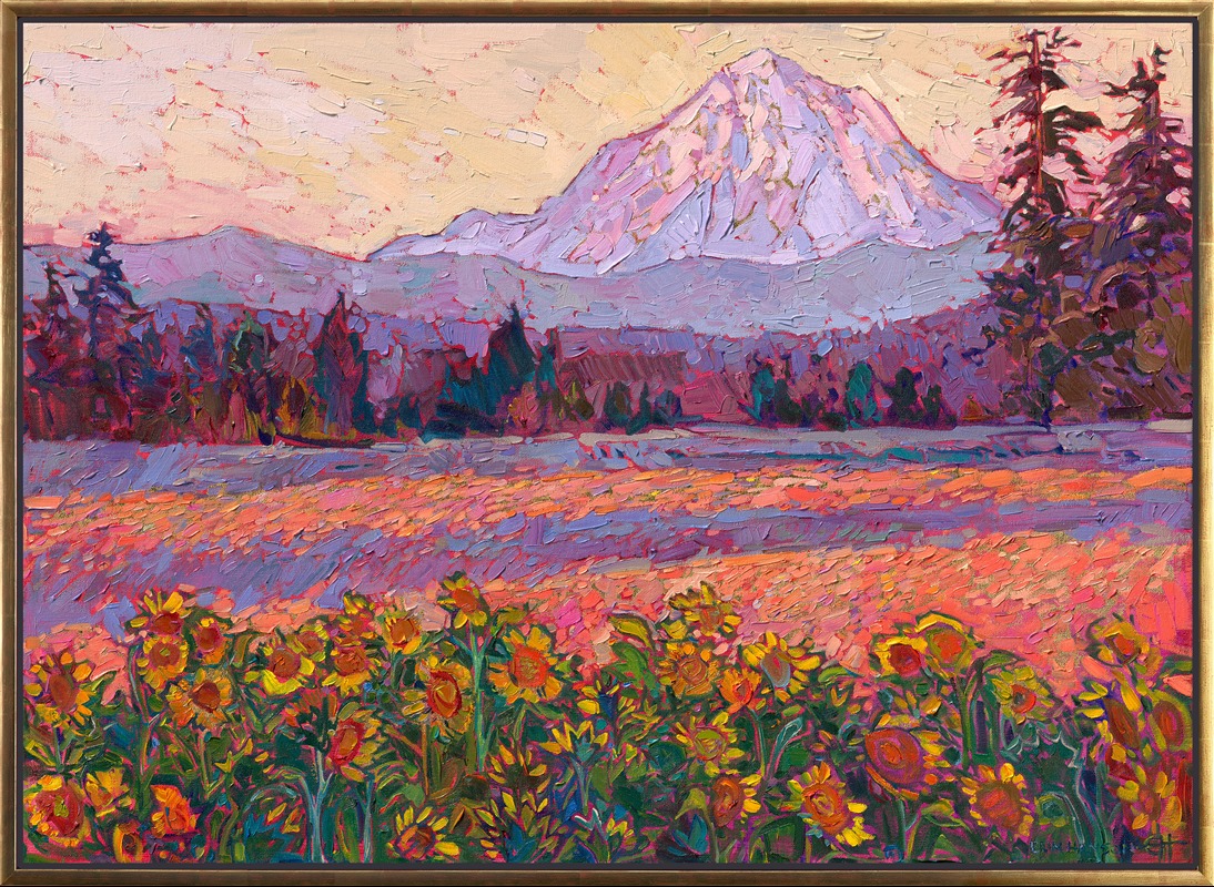 The Wooden Shoe tulip farm in Woodburn, Oregon, transforms into a glorious expanse of sunflowers and other late summer blooms. This painting captures the Oregon fields with Mt. Hood in the background. The whole landscape glowed with hues of pink and orange as the sun set behind the distant horizon.</p><p>Thick oil paint brushstrokes laid side by side capture the majesty of the Northwest in Erin Hanson's iconic Open Impressionism style. This piece was painted over 24kt leaf, which glints through the paint strokes. </p><p>Discover a modern van Gogh, and fill your home with color and light.