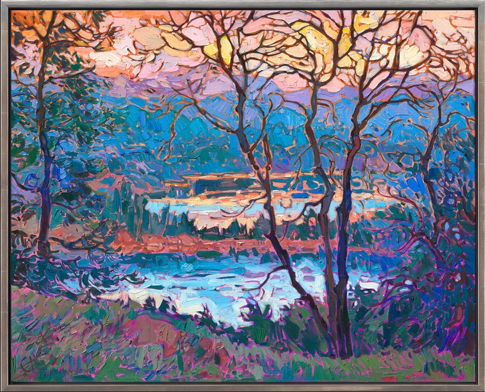 I spent 10 days in Norway, soaking in the incredible landscapes and vivid colors. This painting was inspired by some reflected golden-hour light I found near Ålesund. Thick brushstrokes of oil paint laid side by side create a mosaic of color and light across the canvas. 