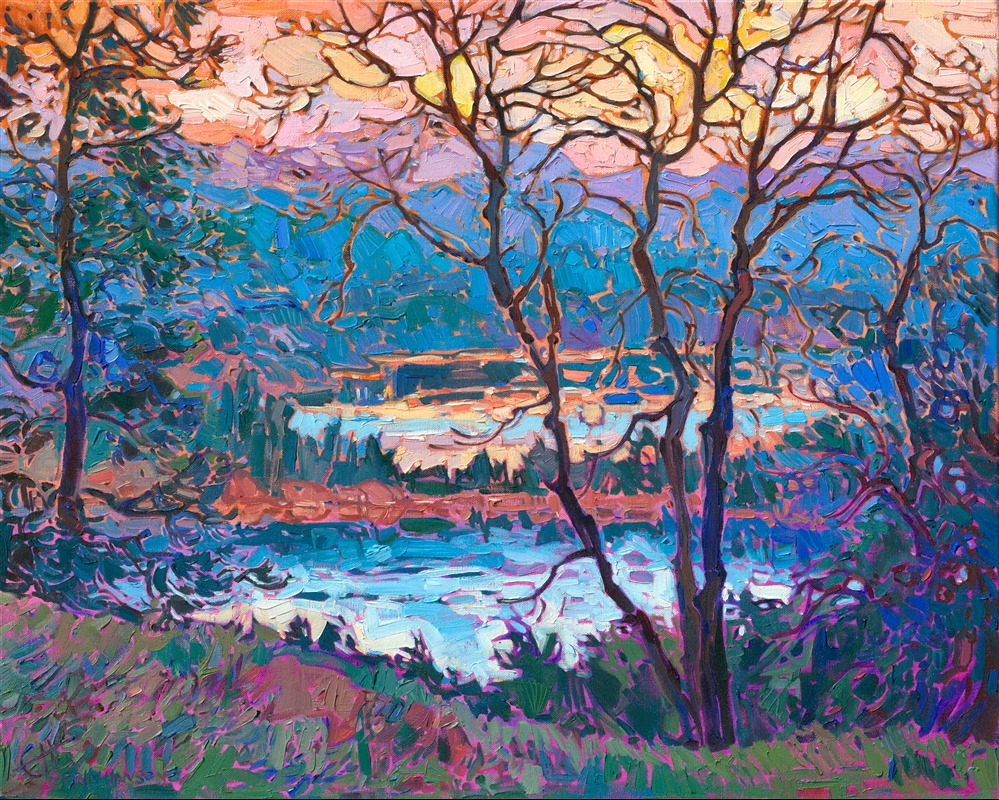 I spent 10 days in Norway, soaking in the incredible landscapes and vivid colors. This painting was inspired by some reflected golden-hour light I found near Ålesund. Thick brushstrokes of oil paint laid side by side create a mosaic of color and light across the canvas. 