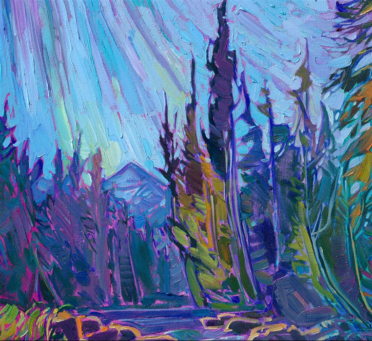 I have never seen more waterfalls than when I visited Norway for ten days. This painting captures the beautiful aquamarine colors of a small river running through the steep Norwegian mountains.