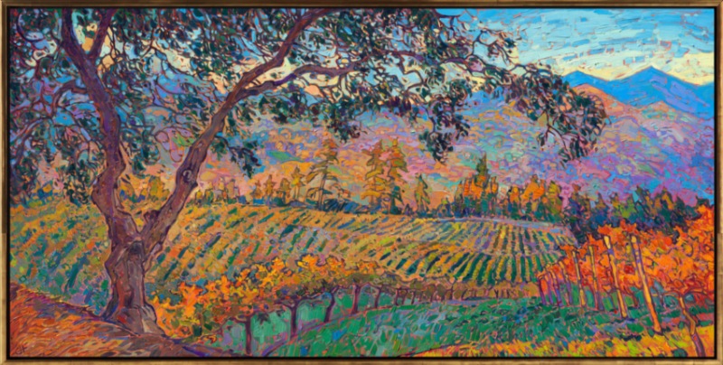 The dusky colors of autumn make Oregon wine country in October a painter's paradise. Rich hues of burgundy, blackberry, and merlot meld together in this painting to create an evocative and impressionistic view of the landscape.