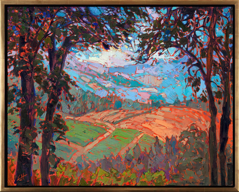 This view from Domaine Serene was captured during my first <a href="https://www.erinhanson.com/workshop>Open Impressionism artist workshop</a>. This stunning winery not only makes fantastic wines, but it has 360 degrees of incredible views. You can see in all directions down into the Willamette Valley wine country, even all the way to Mt. Hood on a clear day. This painting captures the beauty of Oregon wine country with fresh, colorful brushstrokes.