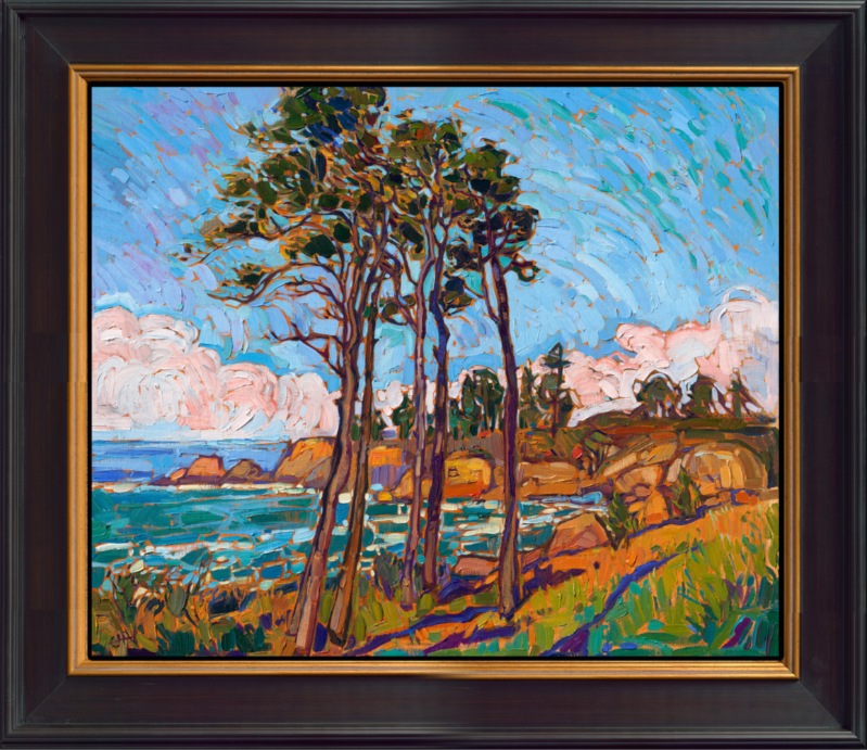 A tall grove of cypress trees caught my attention while driving south along the Pacific Coast. The morning light cast golden hues across the sandstone cliffs, a beautiful contrast to the ocean blues. Thick strokes of oil paint laid side by side without layering create a sensation of movement in the piece.