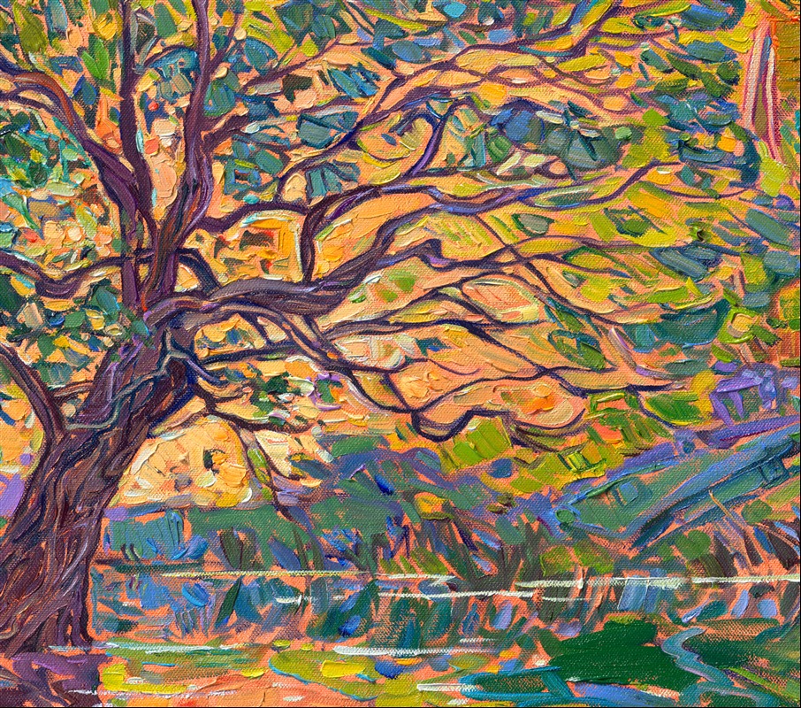 I visited New York's Central Park for the first time this year. I was struck by how much natural beauty was preserved in the middle of a huge city. This painting captures some beautiful color I found reflected in the park's lake waters. Thick brushstrokes of oil paint capture the transient light as the landscape turns toward the golden hour.