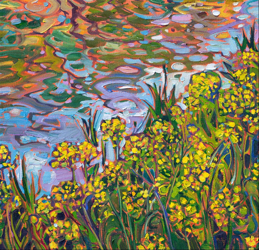 I visited New York's Central Park for the first time this year. I was struck by how much natural beauty was preserved in the middle of a huge city. This painting captures some beautiful color I found reflected in the park's lake waters. Thick brushstrokes of oil paint capture the transient light as the landscape turns toward the golden hour.