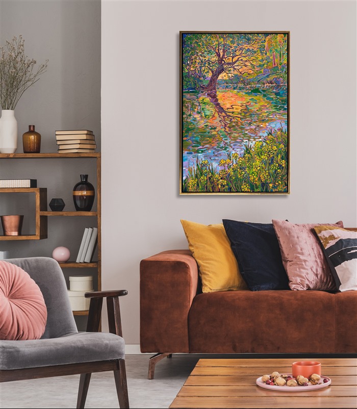 I visited New York's Central Park for the first time this year. I was struck by how much natural beauty was preserved in the middle of a huge city. This painting captures some beautiful color I found reflected in the park's lake waters. Thick brushstrokes of oil paint capture the transient light as the landscape turns toward the golden hour.