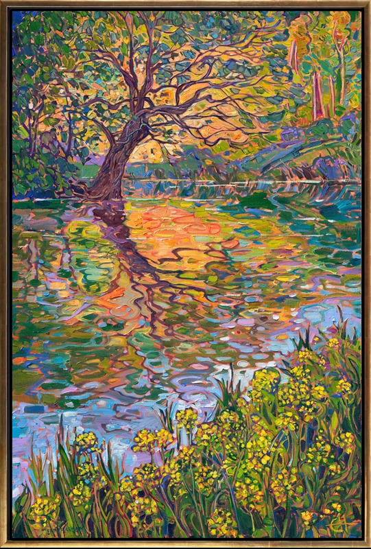 I visited New York's Central Park for the first time this year. I was struck by how much natural beauty was preserved in the middle of a huge city. This painting captures some beautiful color I found reflected in the park's lake waters. Thick brushstrokes of oil paint capture the transient light as the landscape turns toward the golden hour.