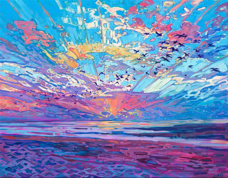 Cannon Beach, Oregon, is beautiful at sunset, with bonfires lighting the soft sandy beaches in every direction. The best part is watching the pelicans dance and swirl overhead, celebrating in the last rays of daylight.

"Pelican Sky" is an original oil painting on gallery-depth canvas. The piece arrives framed in a contemporary gold floater frame, ready to hang.