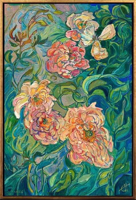 This painting was inspired by my annual trip to Schreiner's Iris Gardens in Oregon's Willamette Valley. The overlapping layers of multi-hued blooms remind me of Monet's flowering gardens. This little group of pale orange peonies caught my attention, and I just had to paint their open petals and exquisite colors.