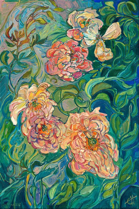 This painting was inspired by my annual trip to Schreiner's Iris Gardens in Oregon's Willamette Valley. The overlapping layers of multi-hued blooms remind me of Monet's flowering gardens. This little group of pale orange peonies caught my attention, and I just had to paint their open petals and exquisite colors.