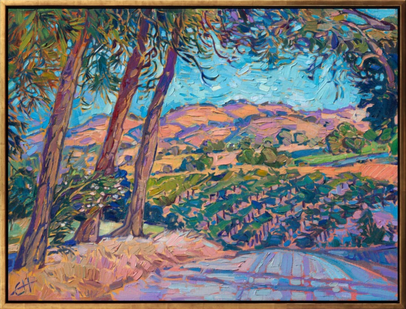 Driving through the winding roads of Paso Robles never fails to inspire me to paint... I love sunrise and sunset the best, when the summer-burnt hills turn hues of raspberry and orange sherbet. The curving rows of vineyards draw you into the painting, while the overhanging redwoods frame the piece, making it feel secluded and personal.