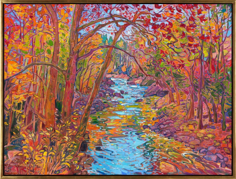 Reflected pools of light swirl beneath the autumn hues of gold and green. An October blue sky peeks between the branches of fall-colored leaves. Thick brush strokes of oil paint capture the movement and poignant beauty of the scene. Erin's unique style of Open Impressionism involves placing brush strokes side-by-side without blending, creating a mosaic of color and texture across the canvas.