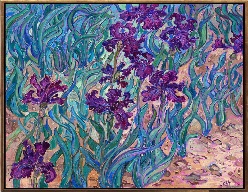 I love to visit Schreider's iris garden in Oregon's Willamette Valley every year. The incredible variety of iris flowers is mind-boggling. For this painting, however, I wanted to compose a painting designed to set off the velvet-dark colors of a purple iris flower, contrasting against the pale viridian hues of the leaves.