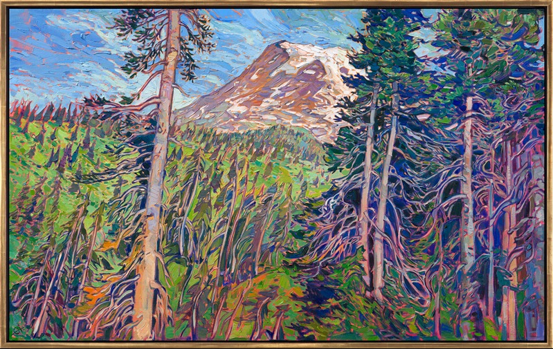 The first time I saw Mt Rainier, I was overwhelmed by the sheer size of the mountain. It reared high overhead, filling the senses. This painting captures the beauty of Rainier behind the ancient and winter-swept noble firs that grow at the base of the peak. Thick brush strokes of oil paint laid side by side communicate the majesty of the mountain.