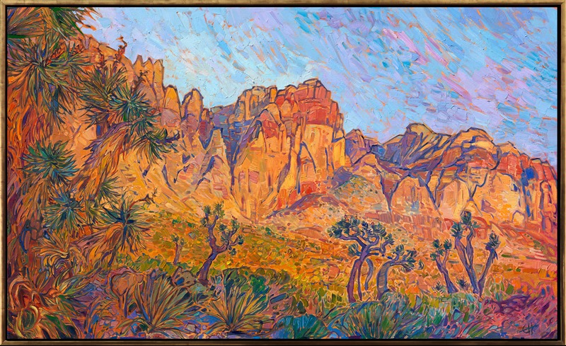 Thick brush strokes of oil paint create a sensation of movement and rhythm on this canvas of Red Rock Canyon. The early morning light hitting Rainbow Mountain causes it to glow in hues of gold and red. 