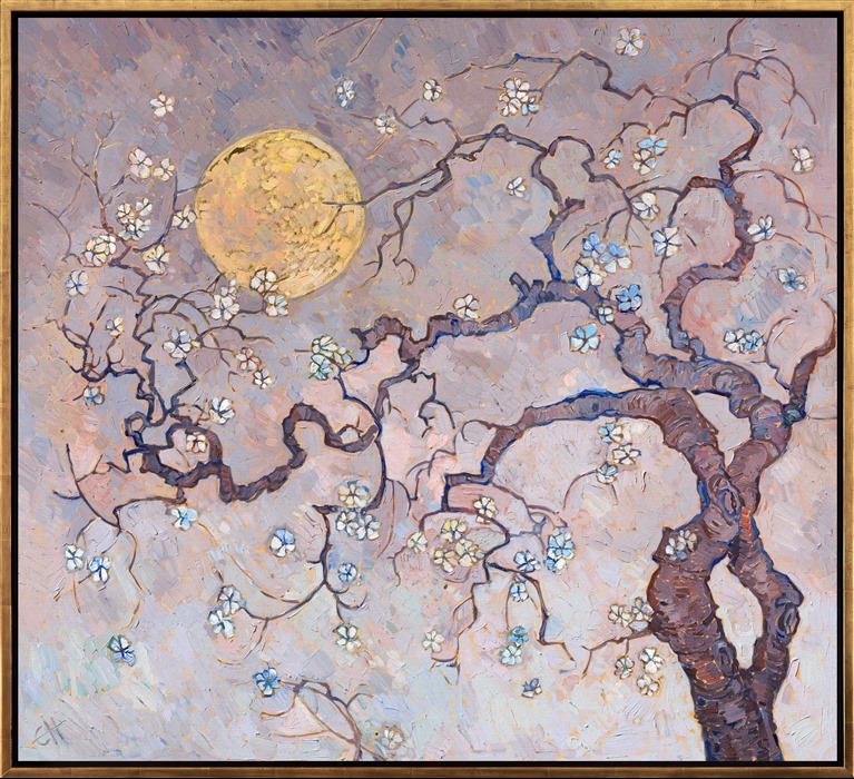The first blooms of spring cling delicately to a Japanese cherry tree in this painting inspired by a recent trip to Kyoto, Japan. The sakura blossoms symbolize hope and renewal of life. As the first harbinger of spring, I see these tiny blossoms as the first points of joyful light after a long, overcast winter.</p><p>"Sakura Moon" was painted over 24kt gold leaf. The gold glints through the paint strokes on the moon and between the cherry blossoms. The subtle glimmer effect can be seen when you move around the painting and see it from different directions.