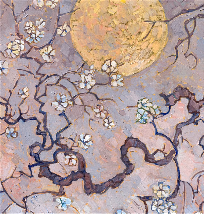 The first blooms of spring cling delicately to a Japanese cherry tree in this painting inspired by a recent trip to Kyoto, Japan. The sakura blossoms symbolize hope and renewal of life. As the first harbinger of spring, I see these tiny blossoms as the first points of joyful light after a long, overcast winter.</p><p>"Sakura Moon" was painted over 24kt gold leaf. The gold glints through the paint strokes on the moon and between the cherry blossoms. The subtle glimmer effect can be seen when you move around the painting and see it from different directions.