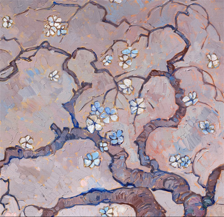 The first blooms of spring cling delicately to a Japanese cherry tree in this painting inspired by a recent trip to Kyoto, Japan. The sakura blossoms symbolize hope and renewal of life. As the first harbinger of spring, I see these tiny blossoms as the first points of joyful light after a long, overcast winter.</p><p>"Sakura Moon" was painted over 24kt gold leaf. The gold glints through the paint strokes on the moon and between the cherry blossoms. The subtle glimmer effect can be seen when you move around the painting and see it from different directions.