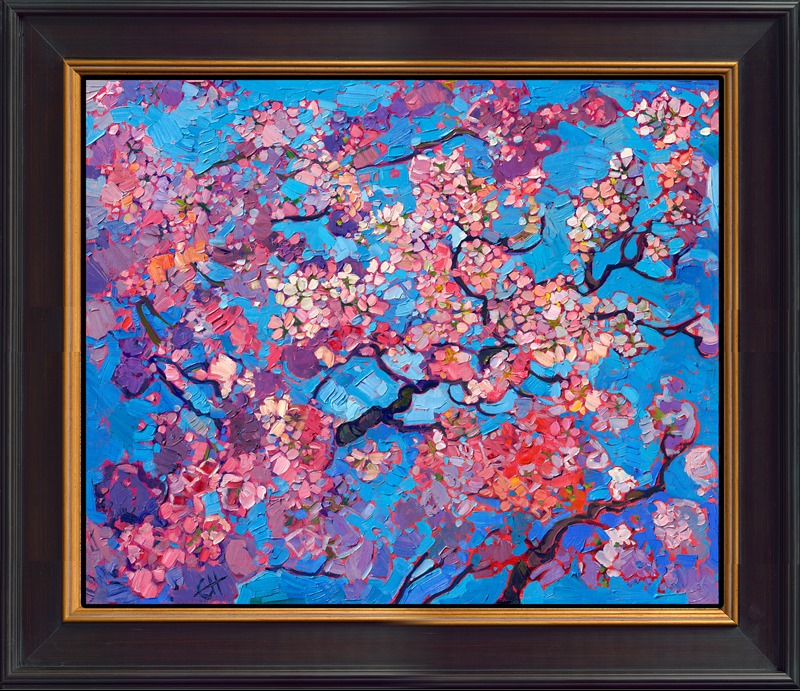 Japanese cherry blossoms glow with the reflected colors of sunset in this painting of Kyoto, Japan. Thick brushstrokes of oil paint capture an expressionistic, joyful explosion of color.